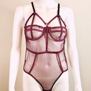 Women's Cut Out Mesh Lingerie Body Suit in Burgundy Red Stretchable Size Large